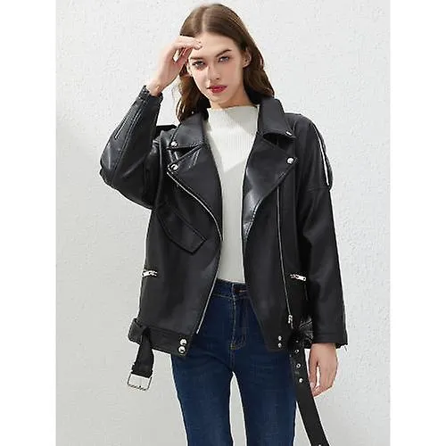 Pu Faux Leather Jacket Women Loose Sashes Casual Biker Jackets Outwear Female Tops Bf Style Black Leather Jacket Coat