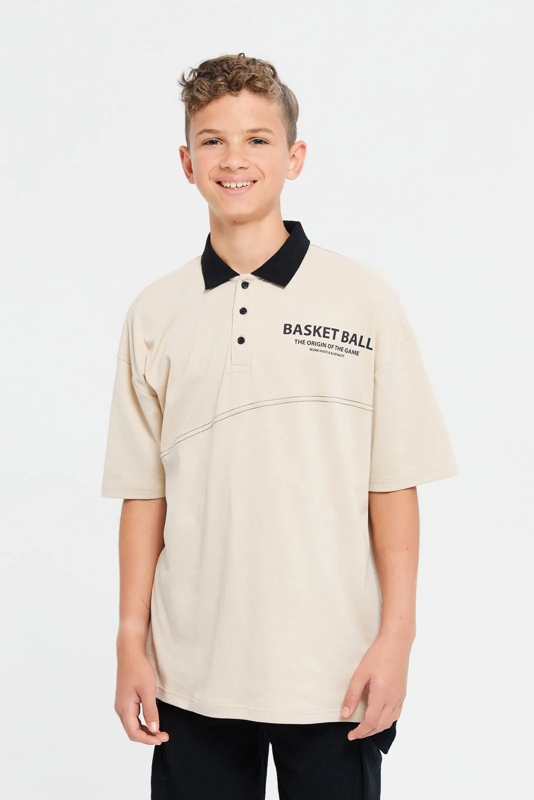 Senior Boys Beige Basketball Printed Polo Shirt