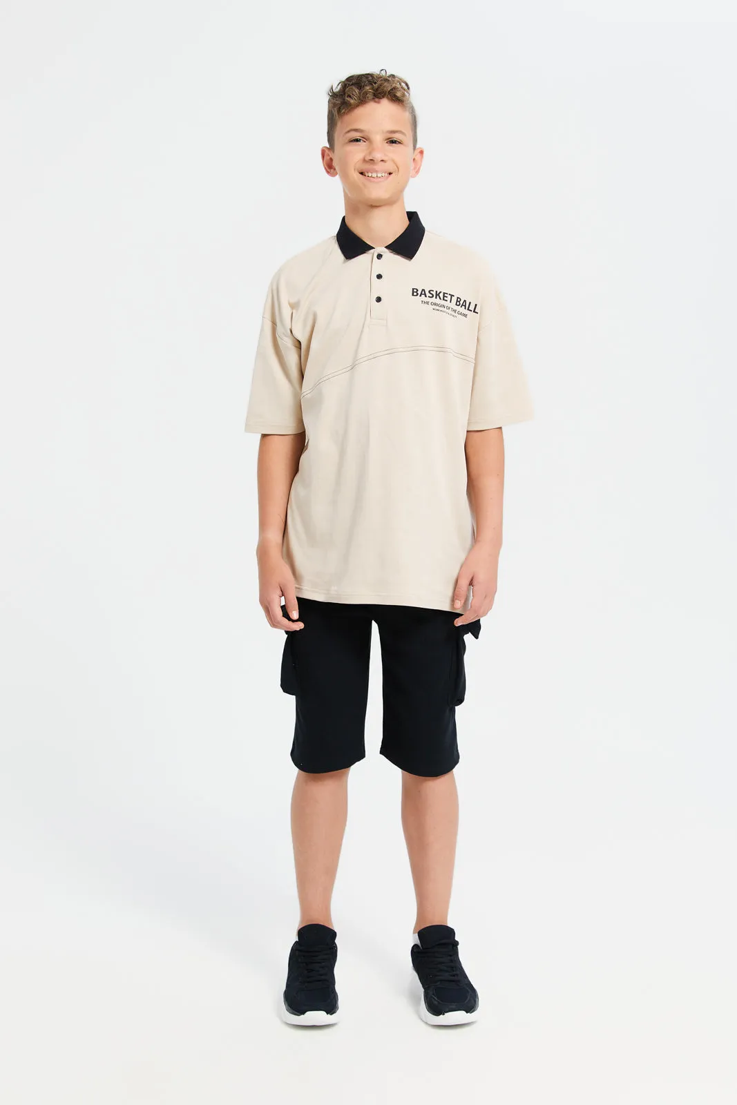 Senior Boys Beige Basketball Printed Polo Shirt