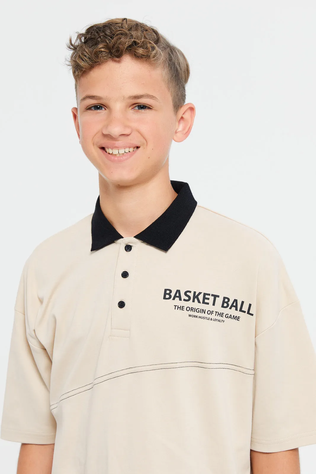 Senior Boys Beige Basketball Printed Polo Shirt