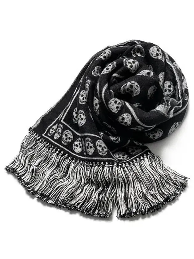 Skull Pattern Fringe Muffler Black