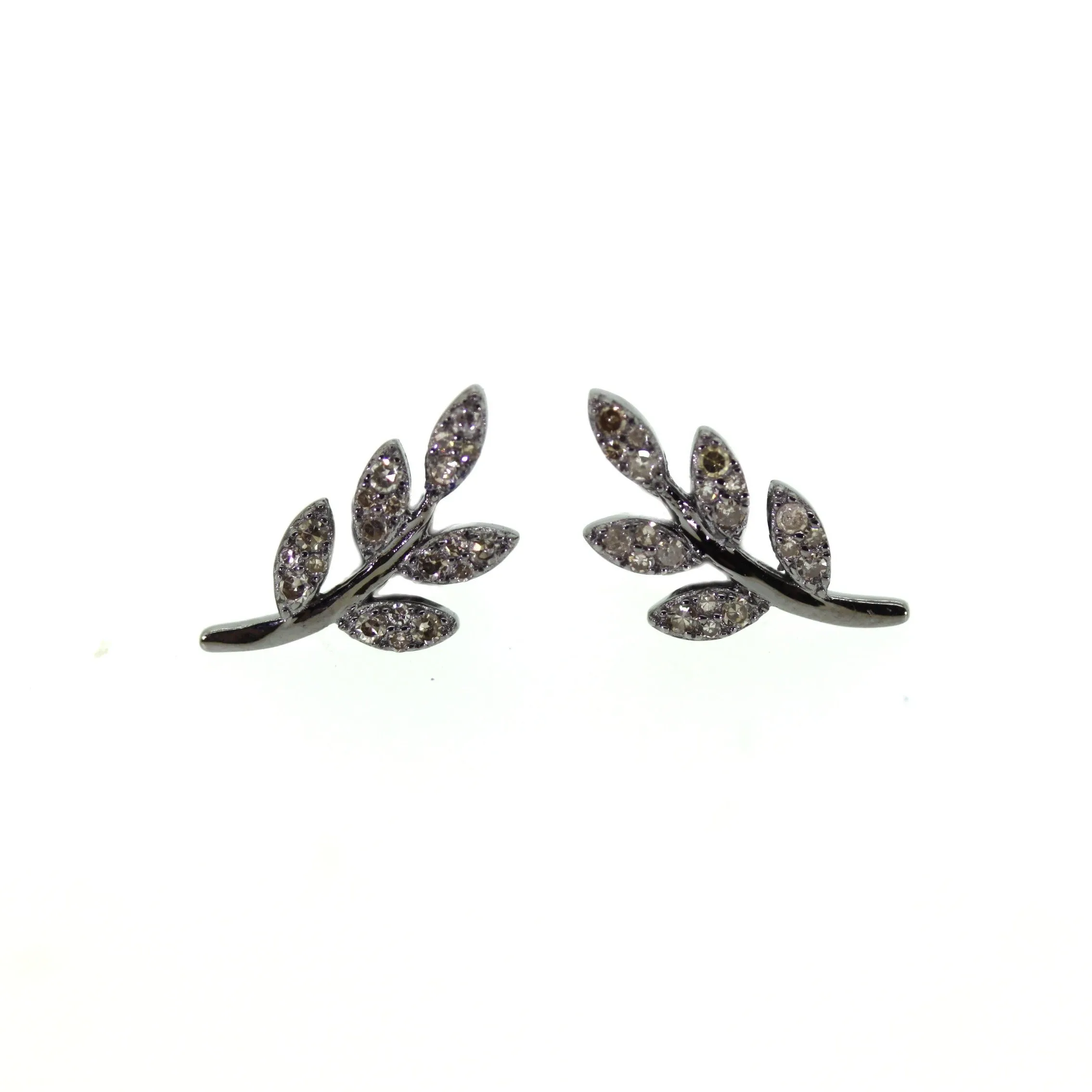 Sterling silver leaf stud earrings with diamond accents