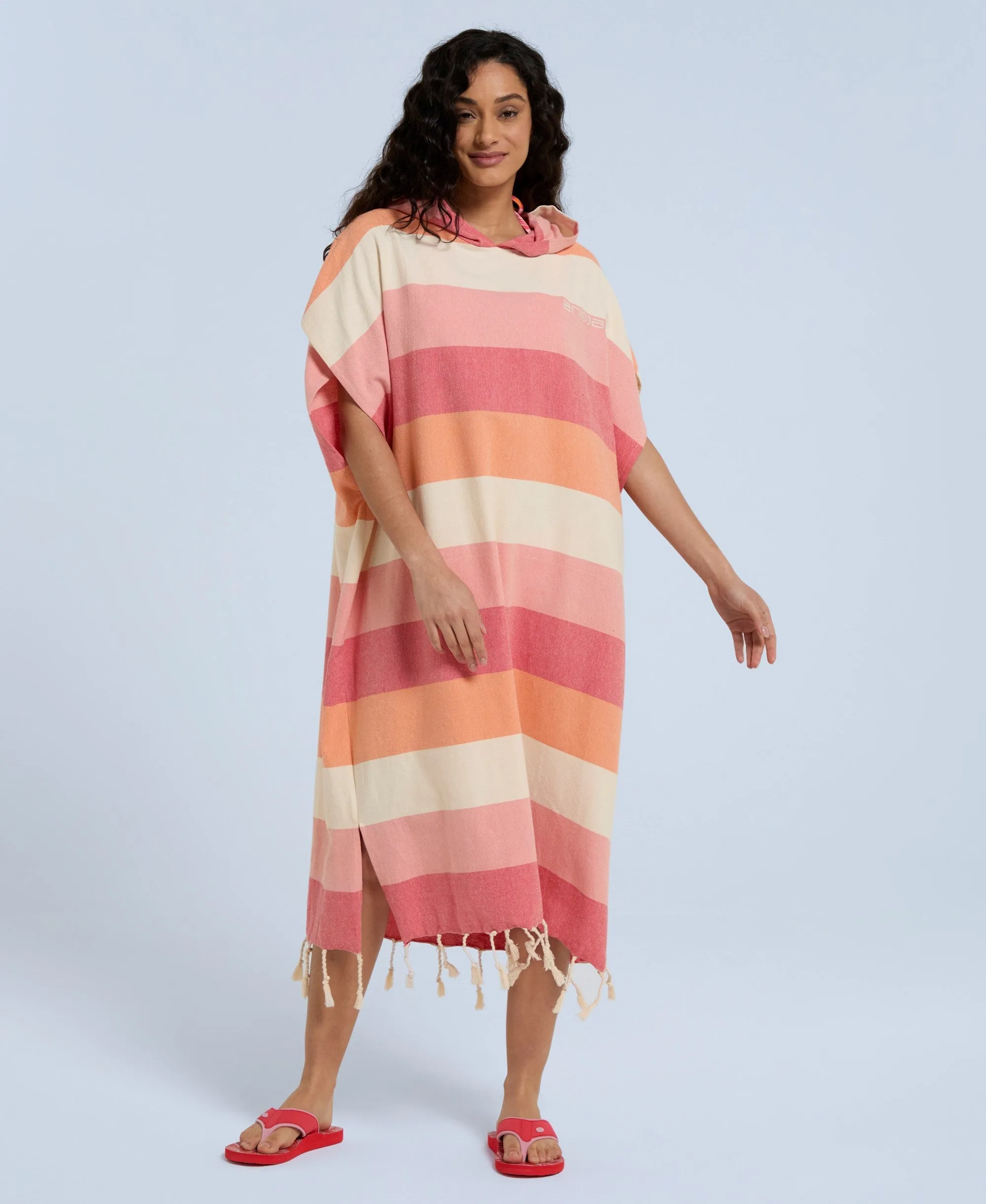 Talia Striped Womens Tassel Poncho - Pink