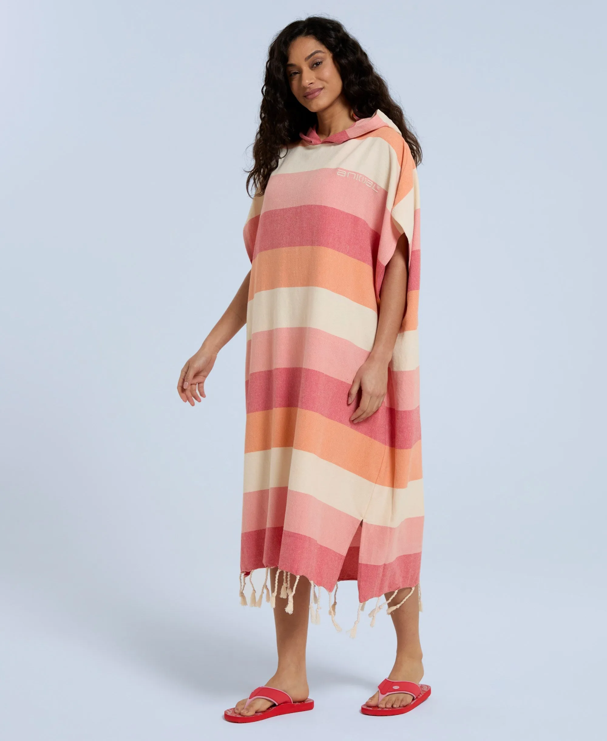 Talia Striped Womens Tassel Poncho - Pink