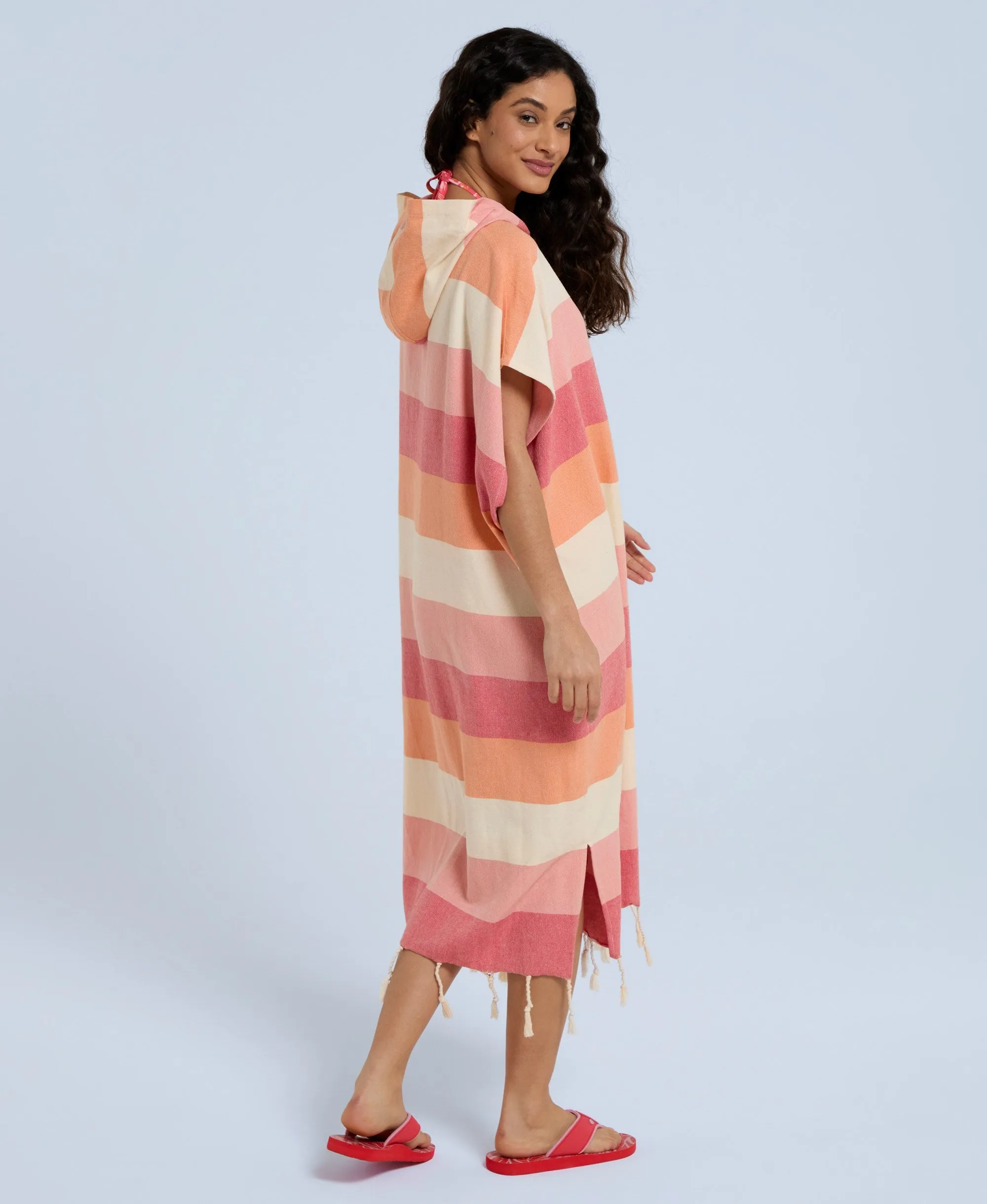 Talia Striped Womens Tassel Poncho - Pink