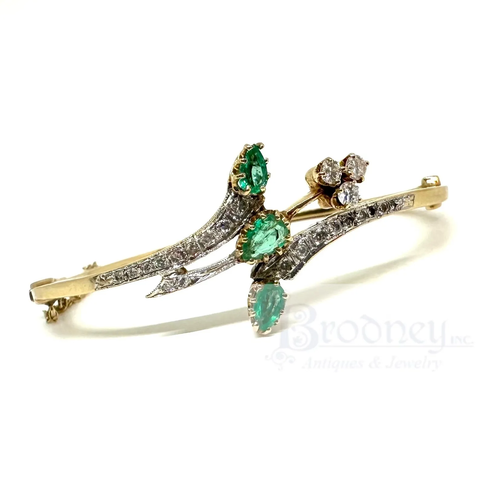 Vintage 14 Kt Gold Emerald and Diamond Bangle Bracelet