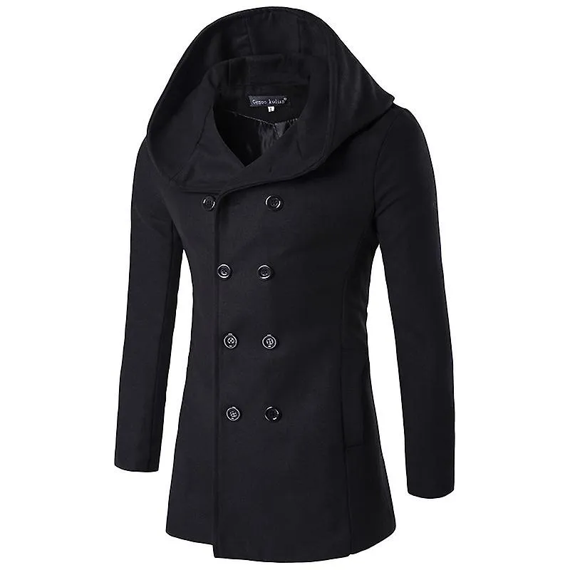 Winter Solid Color Pea Coat Wool Men, Warm Hooded Slim Jackets