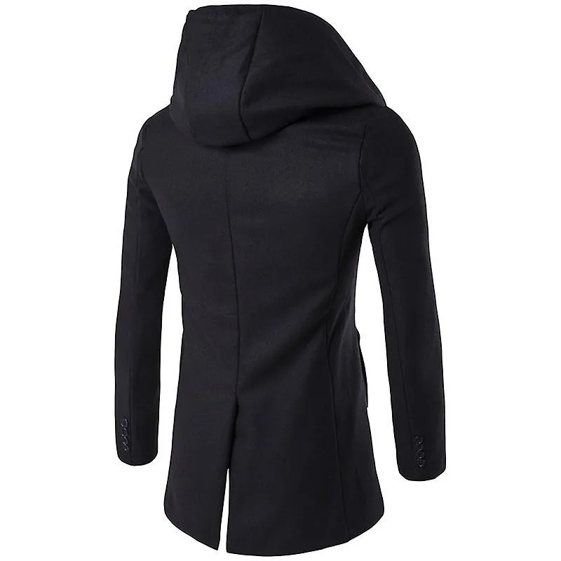 Winter Solid Color Pea Coat Wool Men, Warm Hooded Slim Jackets