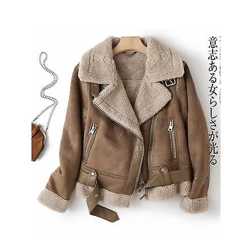 Women Winter Faux Shearling Sheepskin Fake Leather Jackets Lady Thick Warm Suede Lambs Short Motorcycle Brown Coats