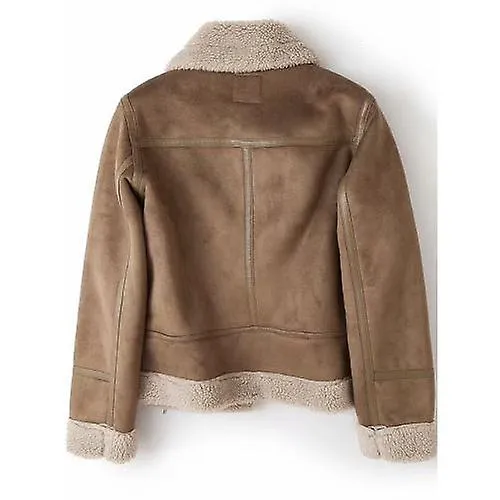 Women Winter Faux Shearling Sheepskin Fake Leather Jackets Lady Thick Warm Suede Lambs Short Motorcycle Brown Coats