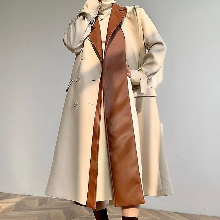 Women's temperament fashion patchwork double-layer collar trench coat