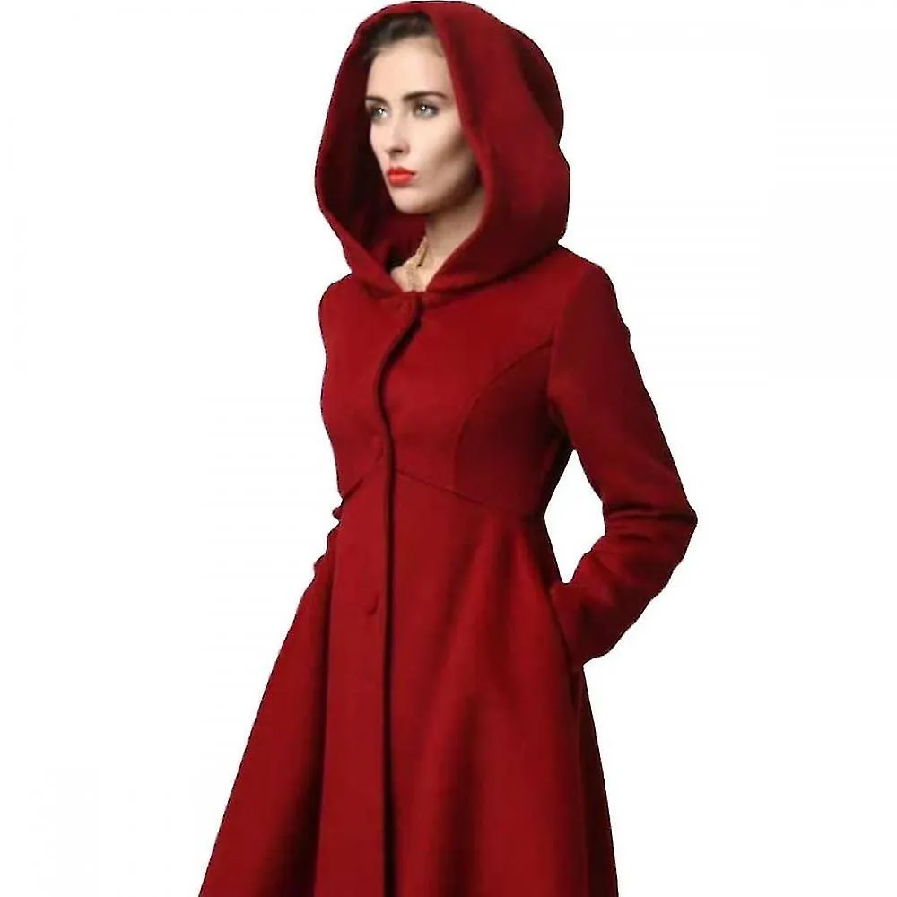 Women's Winter Single Breasted Wool Coat, Red Swing Hooded Coat, Warm Winter Outwear, Hooded Wool Coat