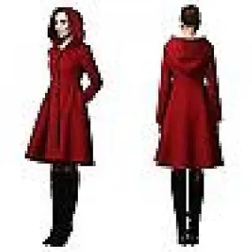 Women's Winter Single Breasted Wool Coat, Red Swing Hooded Coat, Warm Winter Outwear, Hooded Wool Coat