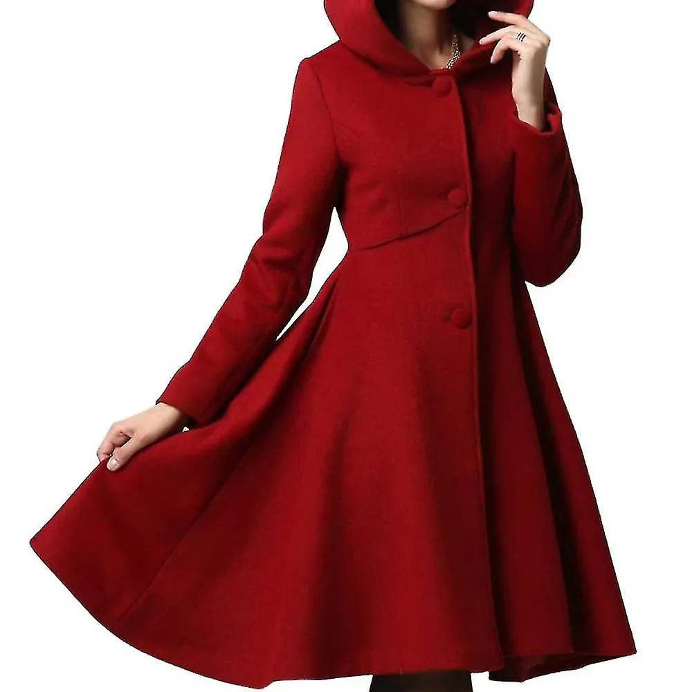 Women's Winter Single Breasted Wool Coat, Red Swing Hooded Coat, Warm Winter Outwear, Hooded Wool Coat