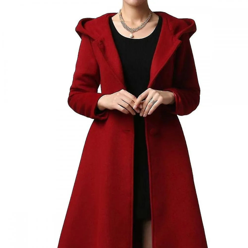 Women's Winter Single Breasted Wool Coat, Red Swing Hooded Coat, Warm Winter Outwear, Hooded Wool Coat