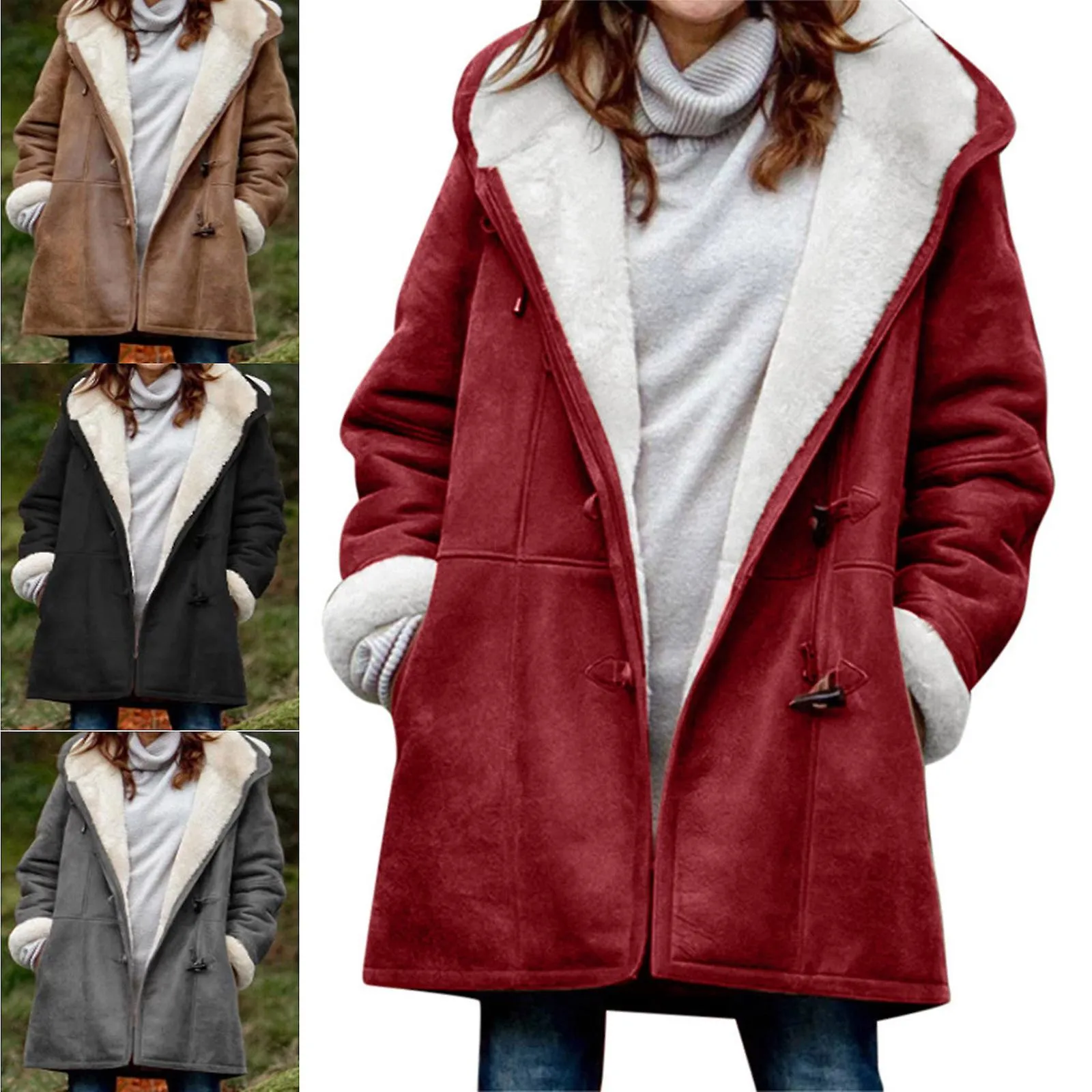 Women\'s Winter Warm Coats Lightweight Hooded Thicken Long Jackets With Horn Button